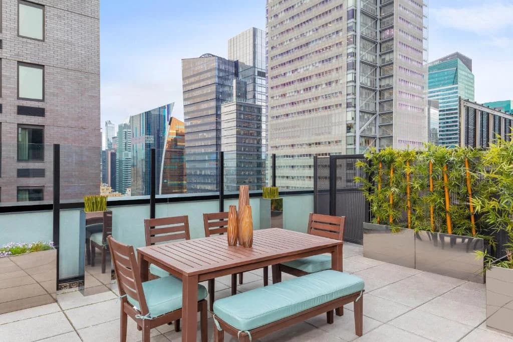 a table and chairs on a balcony with a city skyline at Element by Marriott New York Times Square West in New York