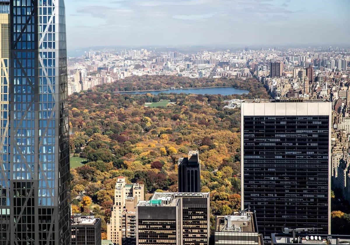 Stunning aerial view of NYC's Central Park with autumn foliage and skyscrapers.