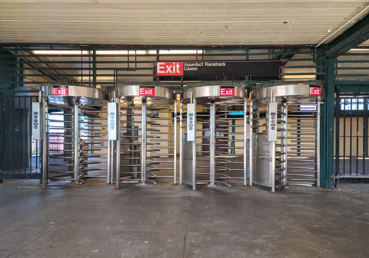 Entrance and exit turnstiles at Aqueduct Racetrack Casino in New York City.