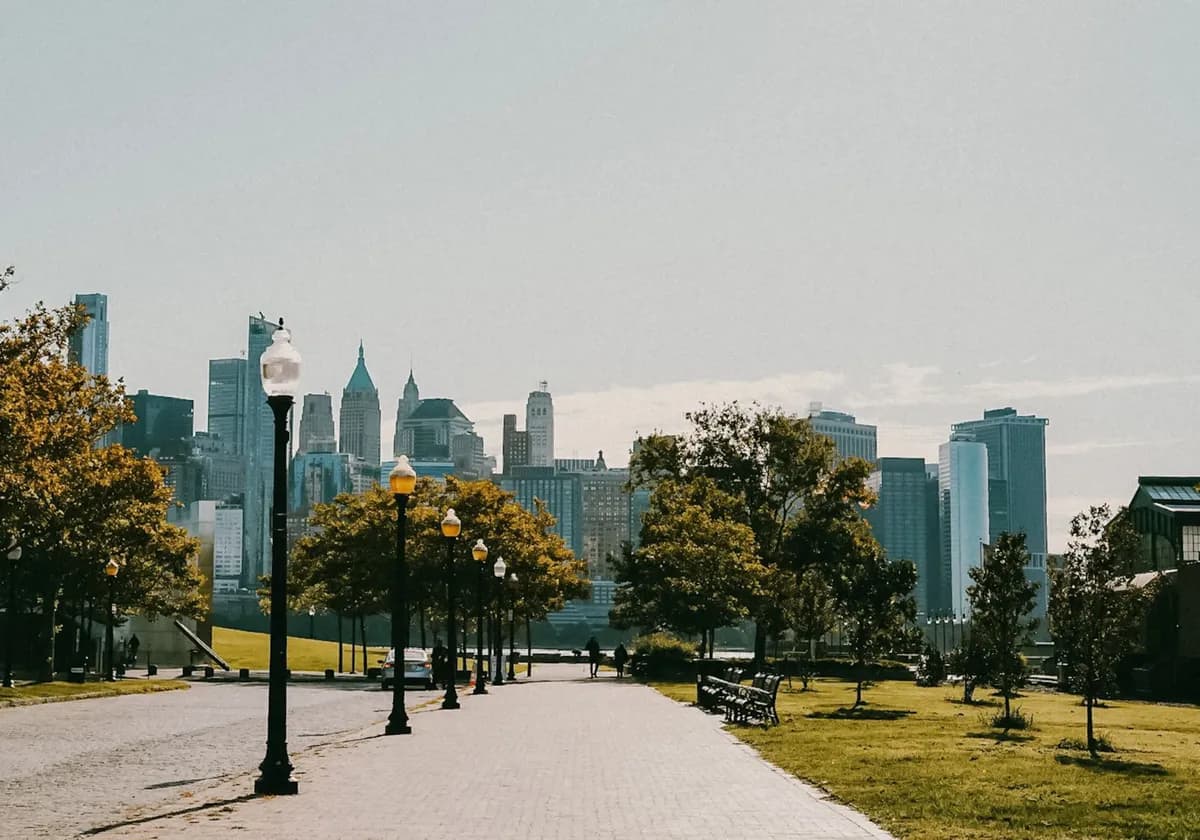 A serene city park with a scenic view of an urban skyline and green trees on a sunny day.