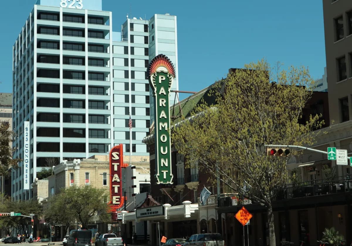 Street view of the iconic Paramount Theatre on Congress Avenue in Austin, TX.
