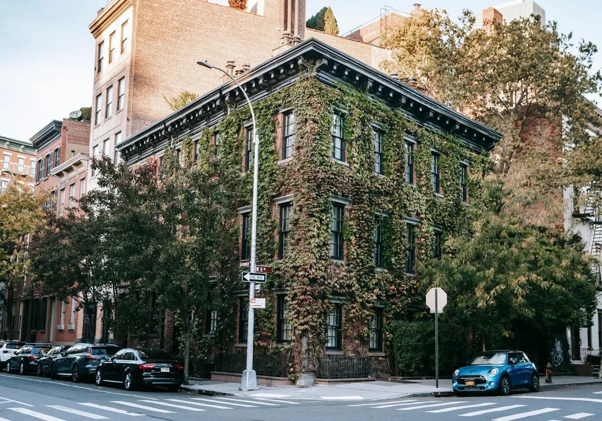 Facade of aged residential brick house with lush leaves near crosswalk in modern city at daytime