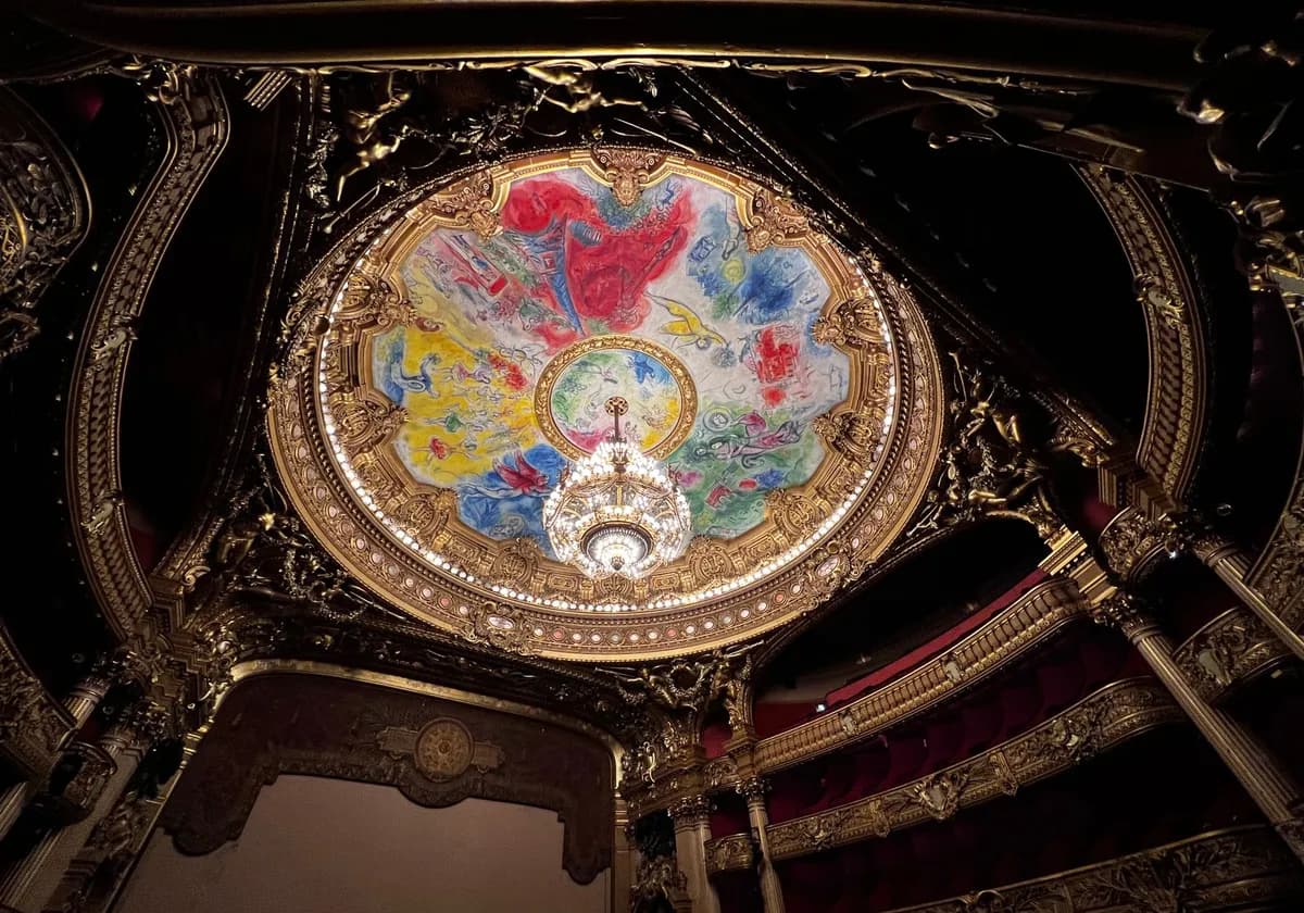 Stunning view of the Paris Opera House's ornate ceiling with vibrant artwork and chandelier.