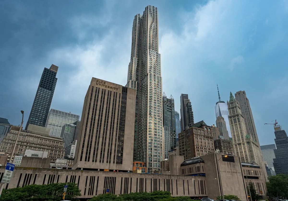 Impressive view of New York City skyscrapers with overcast sky