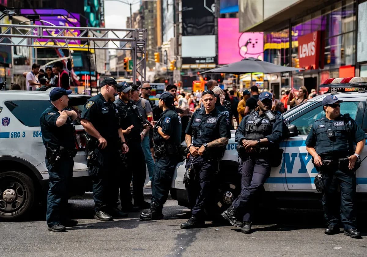 Group of NYPD officers standing by police cars in busy Times Square.