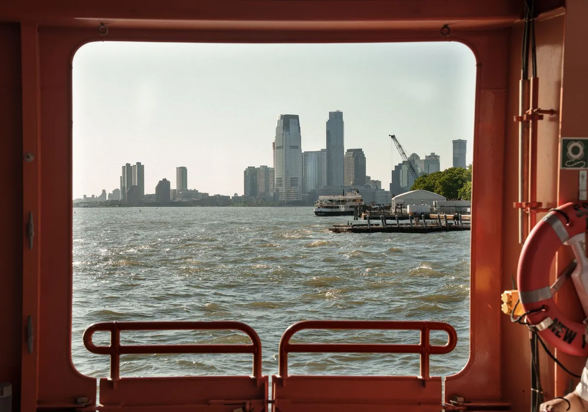 View of the NYC skyline through a ferry window, capturing the scenic waterfront.