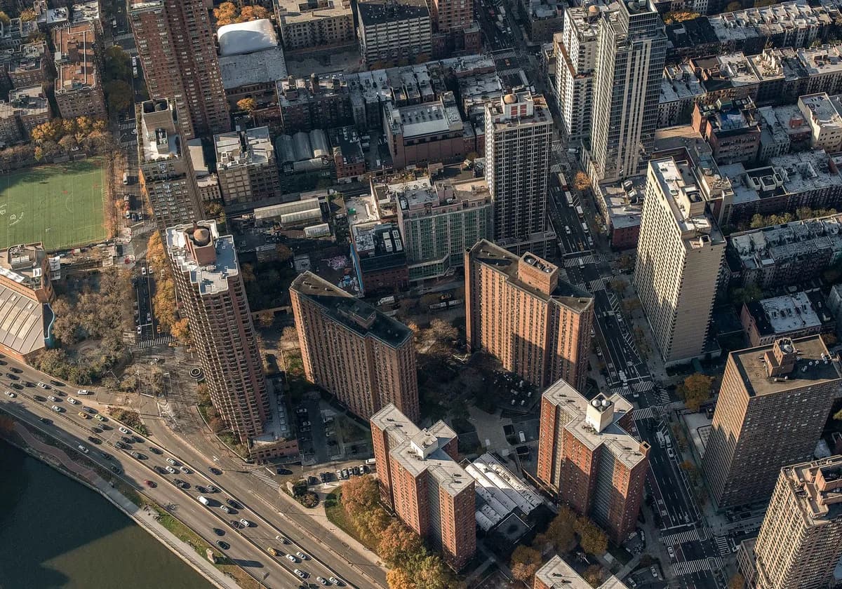 Aerial view of Manhattan's architecture and fall foliage in New York City.