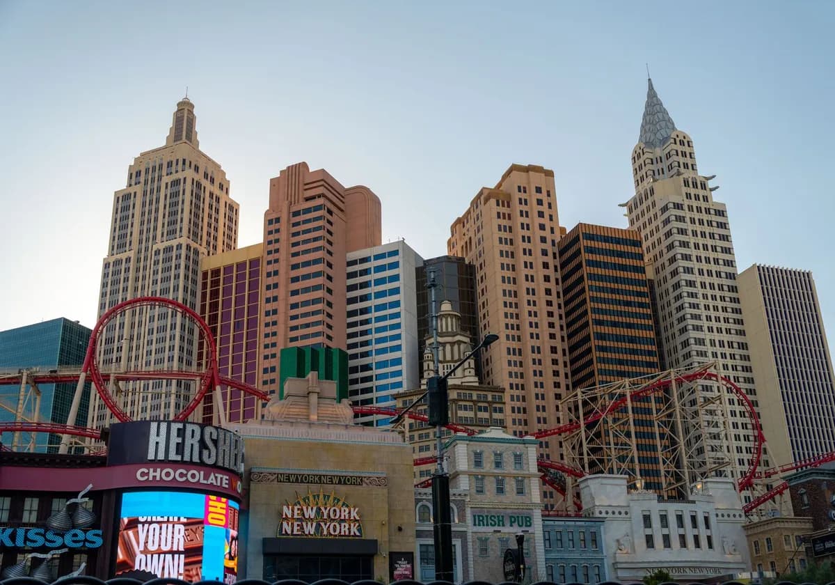 View of the iconic New York New York Hotel in Las Vegas featuring famous replicas of skyscrapers.