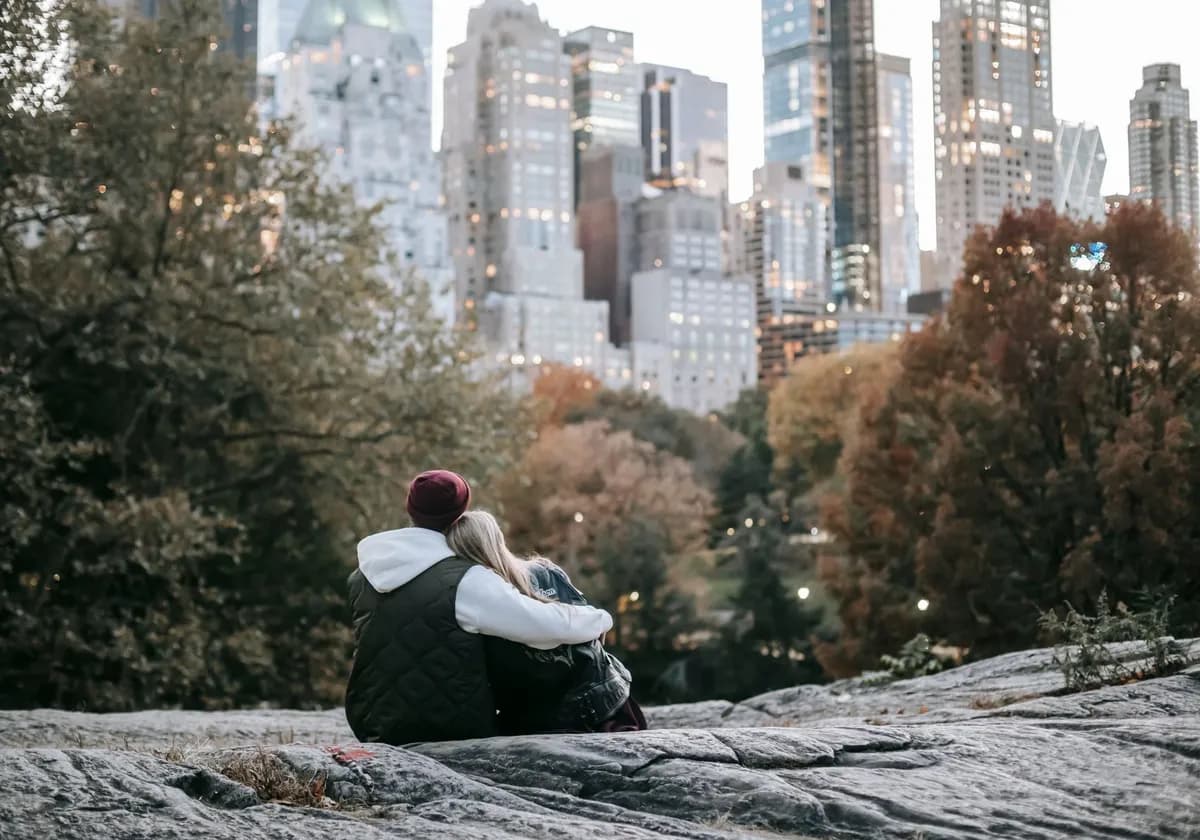 Back view of unrecognizable couple hugging and sitting on rocky terrain in park with tress while enjoying modern skyscrapers in city