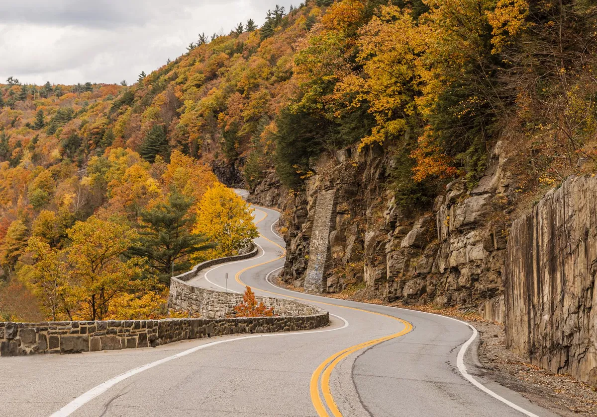 Curvy mountain road with vibrant fall foliage in New York's forested landscape.